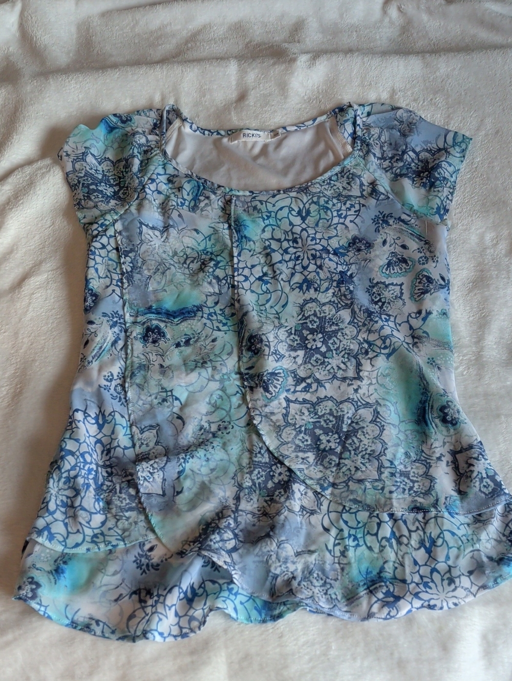 Ricki’s Blue Boho Paisley Floral Sheer Tiered Blouse - Size SP